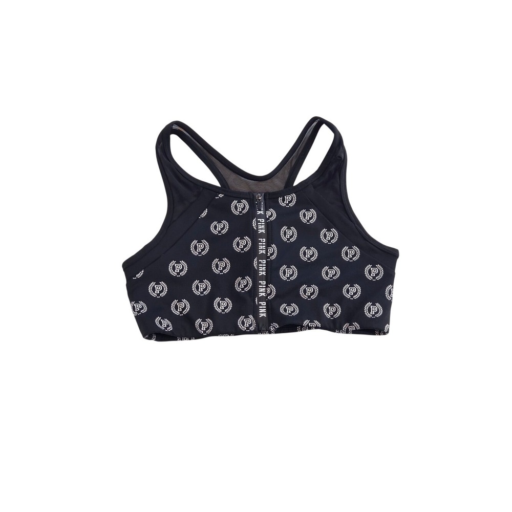 PINK Victoria's Secret Black Front-Zip Logo Racerback Sports Bra